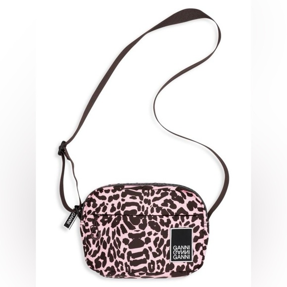 NWOT GANNI Candy Pink & Brown Leopard Print Nylon Tech Festival Crossbody Bag - Picture 2 of 16